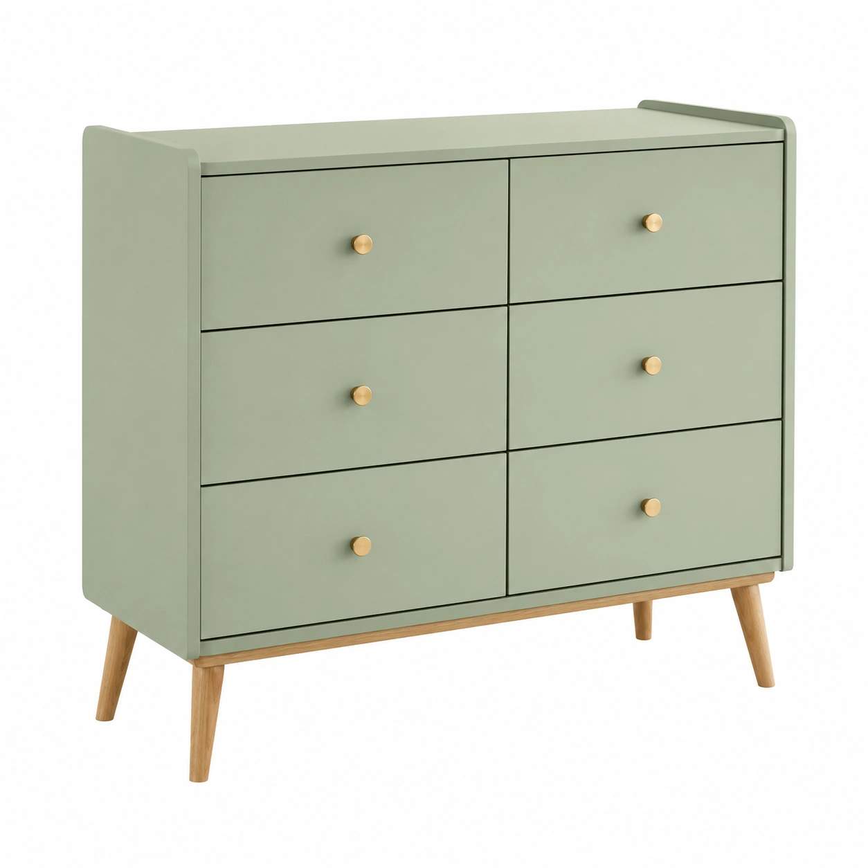 Comoda moderna de 6 cajones verde salvia con patas de madera-furniqoza