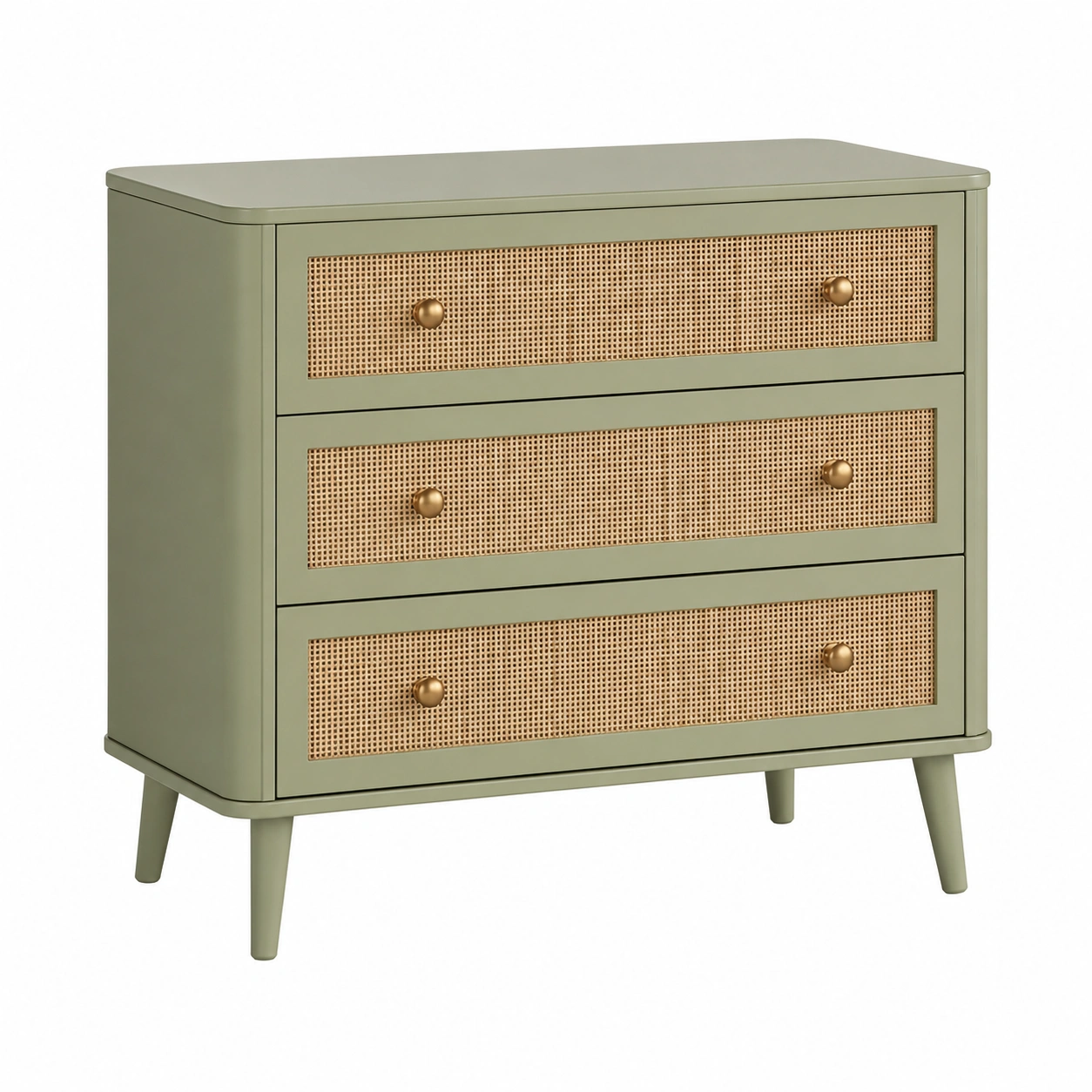 Comoda de 3 Cajones con Panel de Ratan y Patas Nordicas-furniqoza