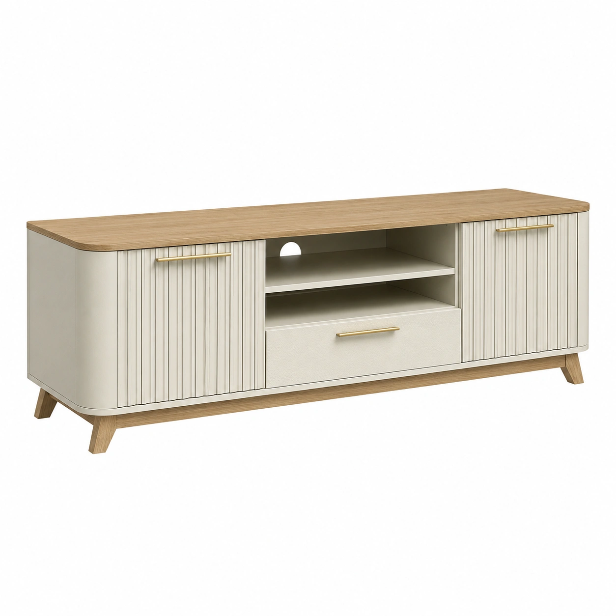 Mesa TV moderna nordica con puertas ranuradas blanco y madera-furniqoza