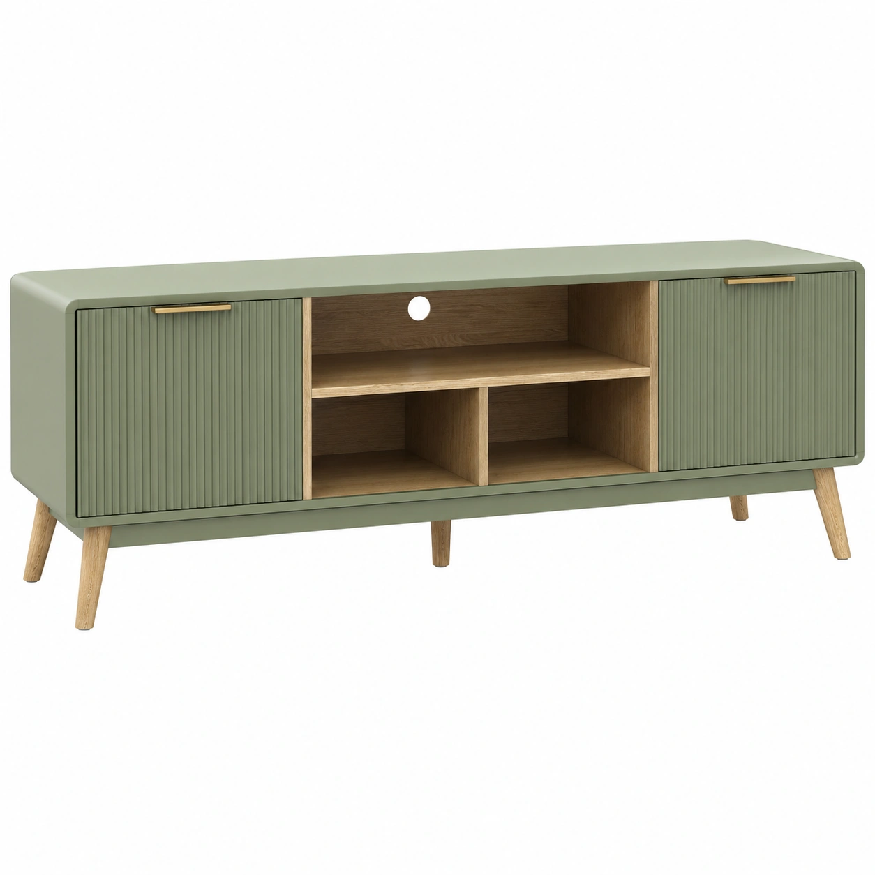 Mueble TV Moderno Verde Oliva con Puertas Ranuradas y Patas de Madera-furniqoza