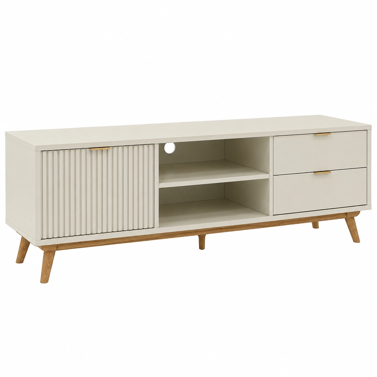 Mueble TV Moderno Minimalista con Puerta Ranurada y Cajones Beige Roble-furniqoza