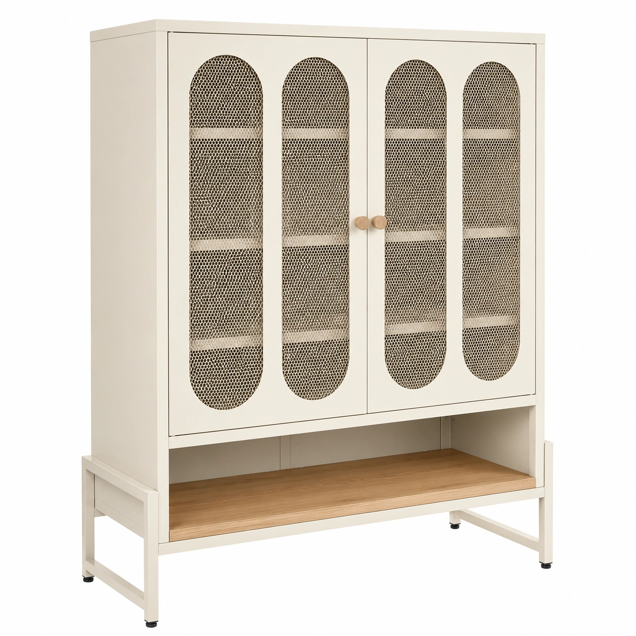 Armario alto moderno con puertas de malla decorativa y estante inferior de madera para sala y comedor-furniqoza