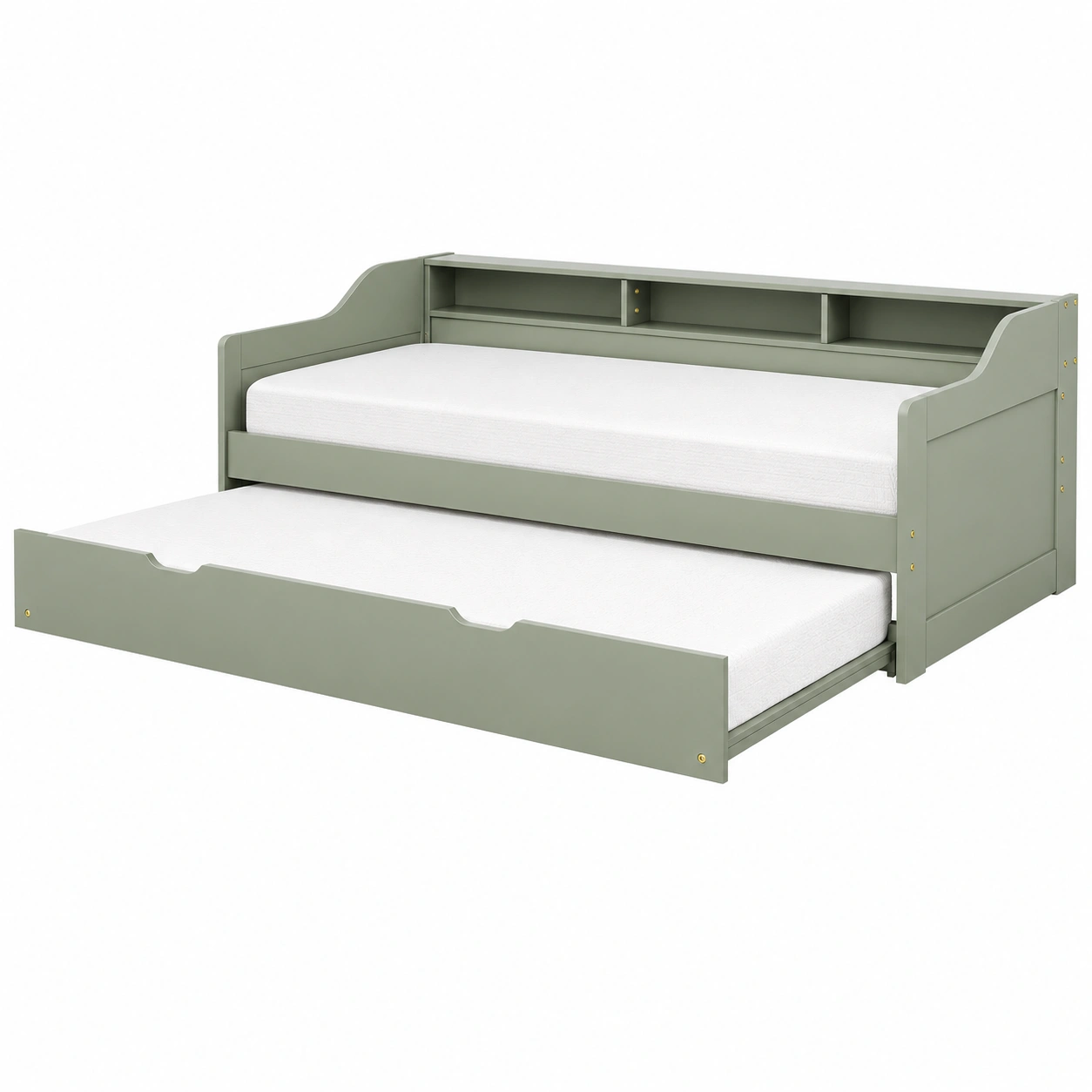 Cama nido moderna con estanteria y cama inferior deslizante verde salvia-livexoza