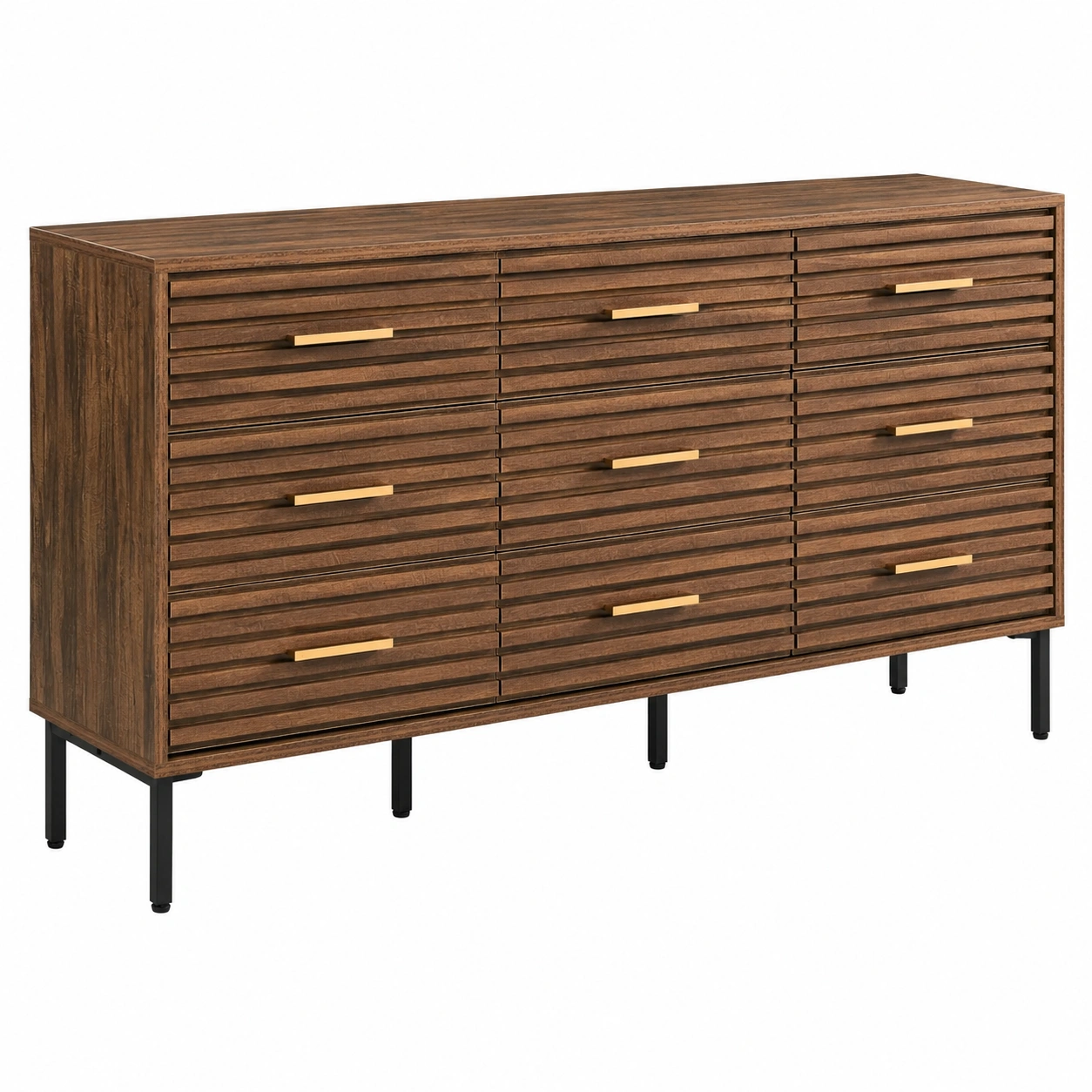 Aparador industrial con 9 cajones y diseno acanalado en madera nogal-livexoza