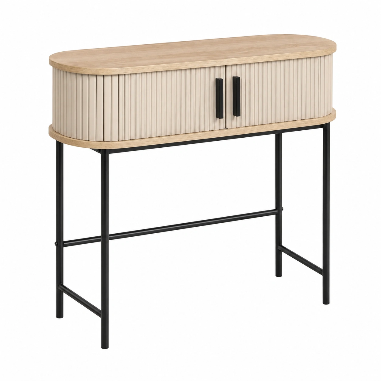 Consola Moderna Ovalada con Puertas Ranuradas y Patas Metalicas Beige Arena-livexoza