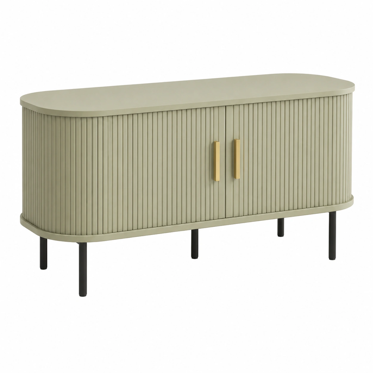 Aparador Ovalado Moderno Verde Oliva con Puertas Ranuradas y Patas Metalicas-livexoza