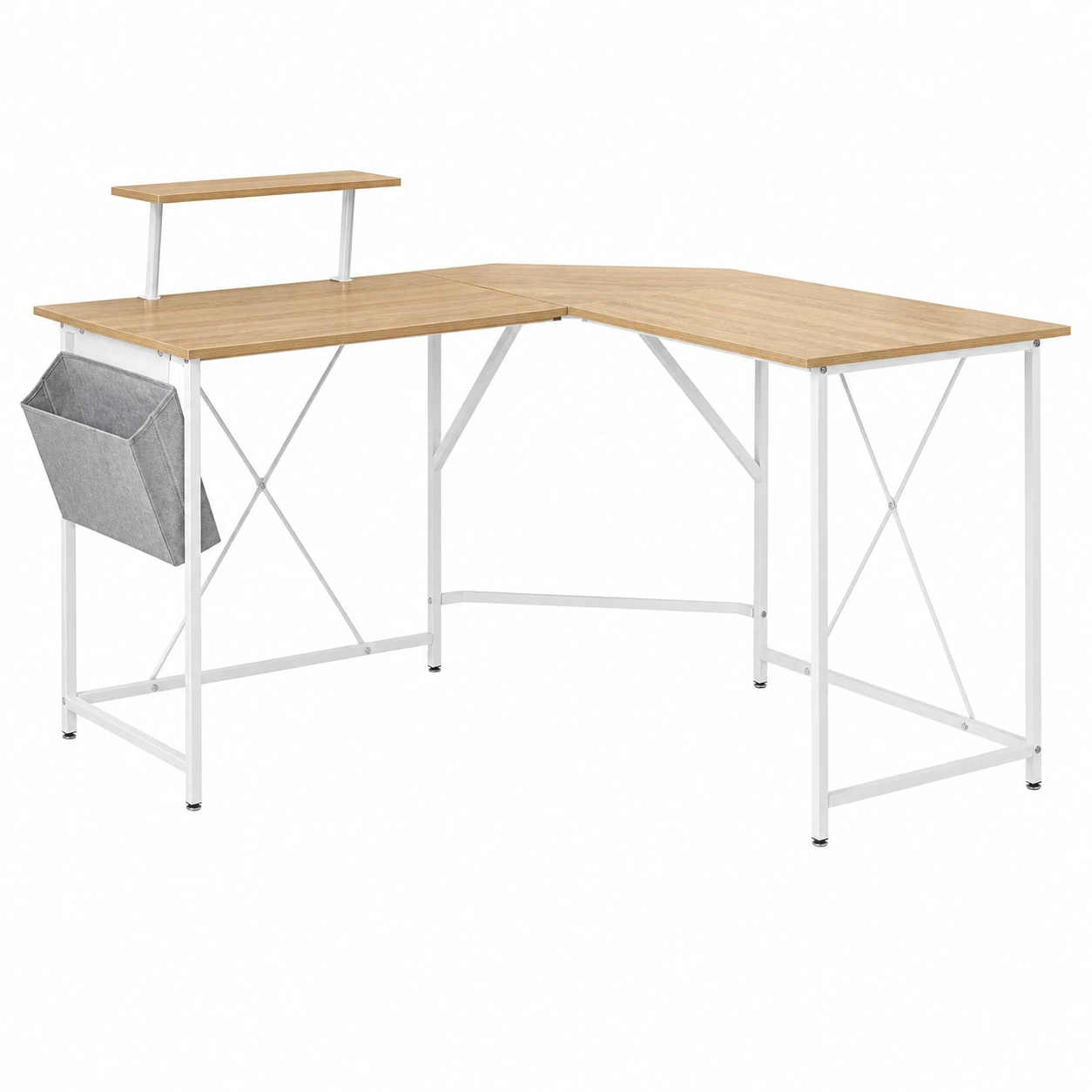 Escritorio esquinero moderno con repisa superior Blanco y roble claro-livexoza