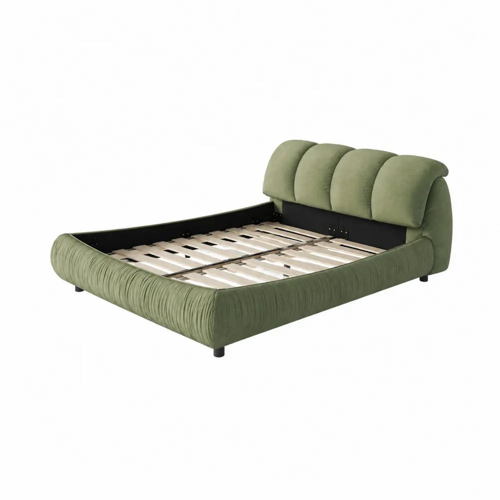 Cama de Matrimonio Tapizada de Poliéster Verde con Cabecera Acolchada
