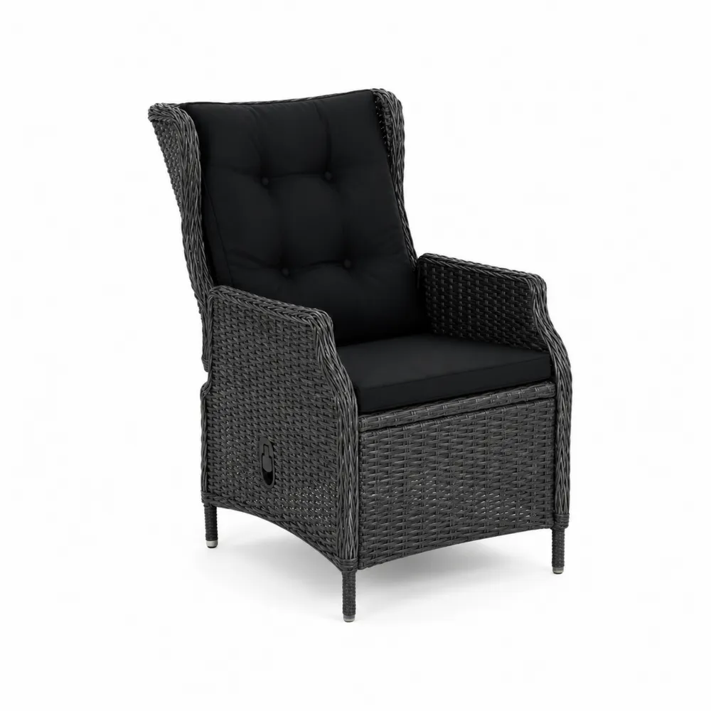 Sillón reclinable de ratán sintético negro con cojines de poliéster