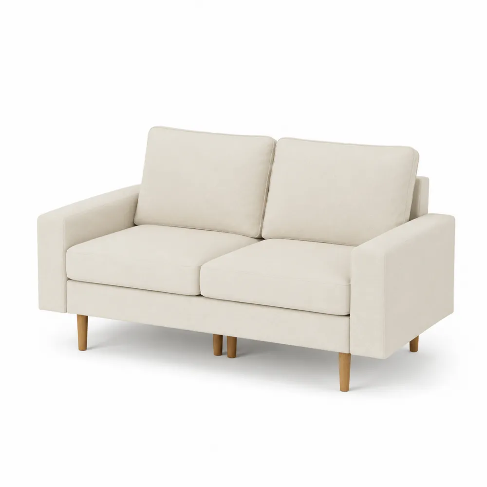Sofá de dos plazas de tela beige con patas de madera