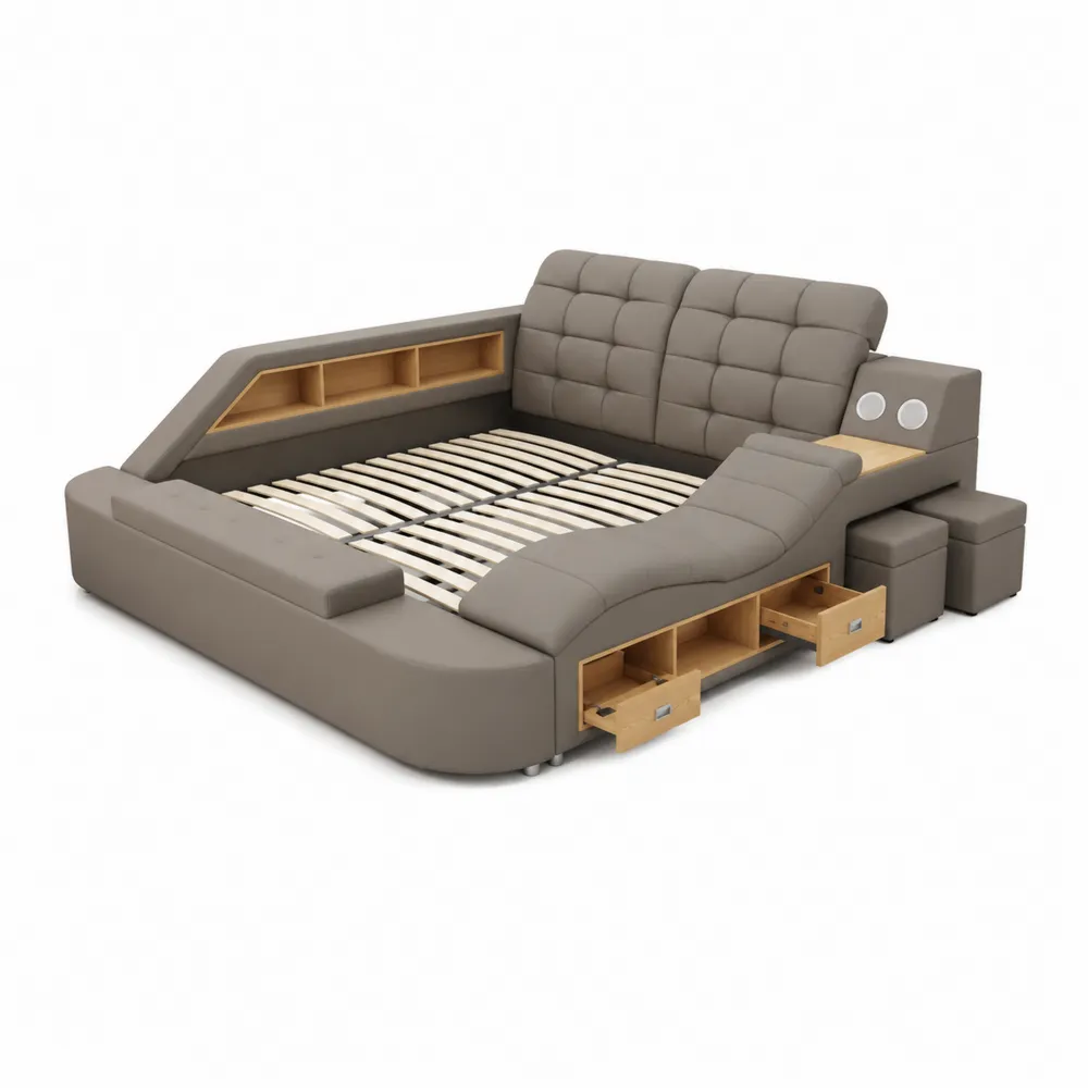 Cama doble de PU con almacenamiento y altavoces Gris