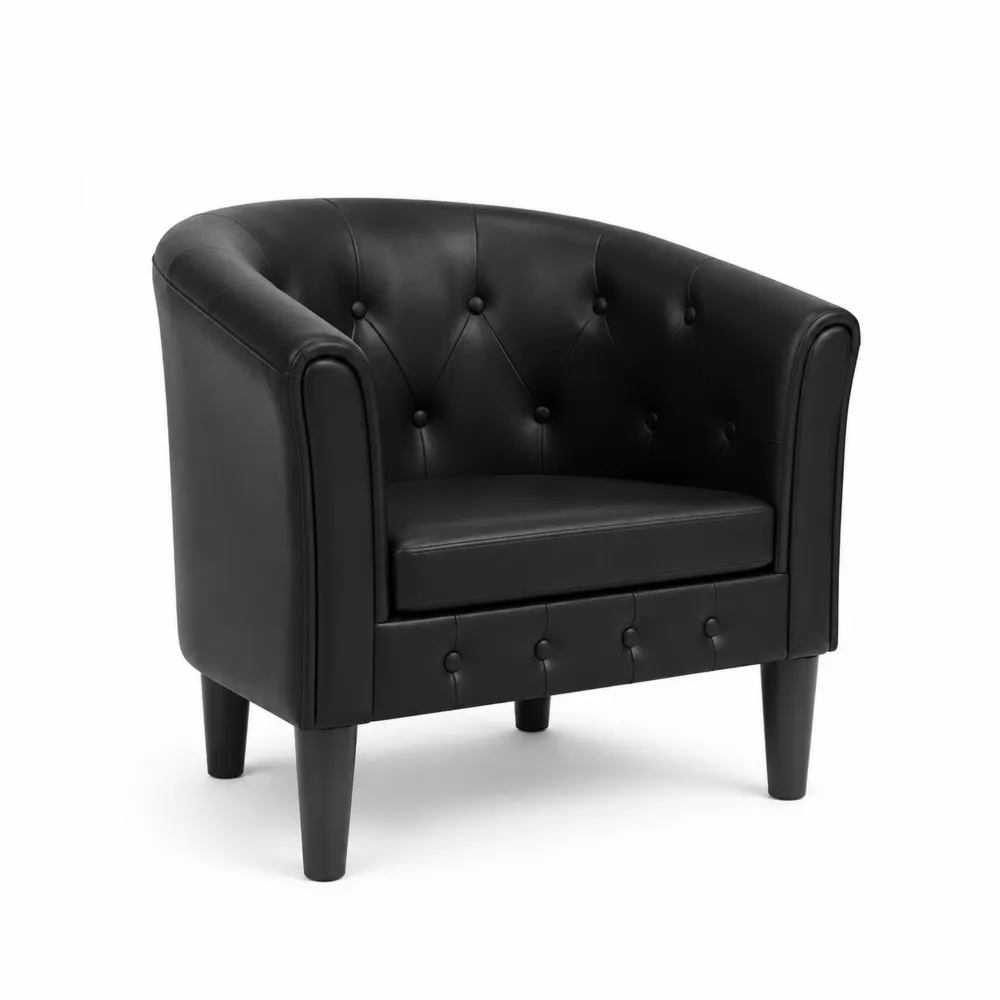 Sillón de cuero sintético negro con respaldo abotonado