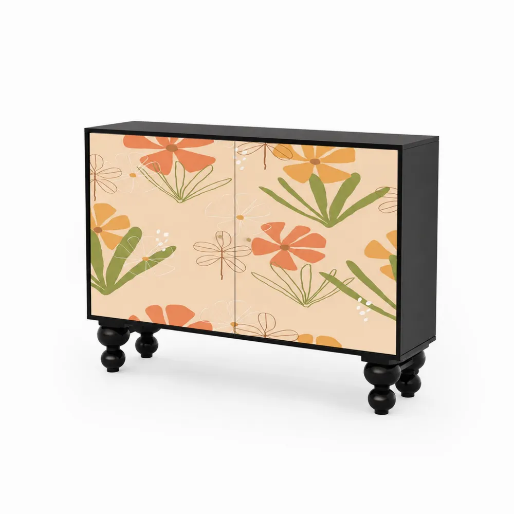 Aparador de MDF con Puertas Florales y Patas de Madera Negro Multicolor