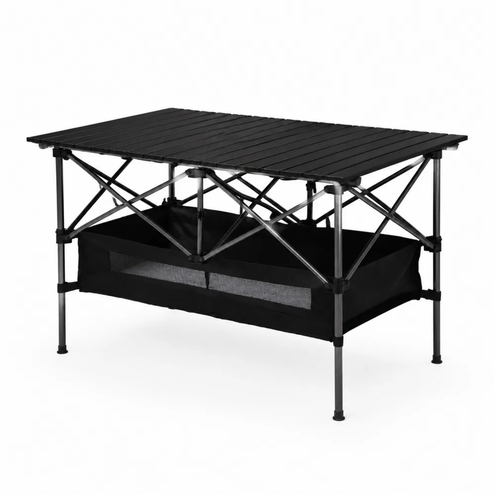 Mesa plegable de aluminio y tela con estante negra
