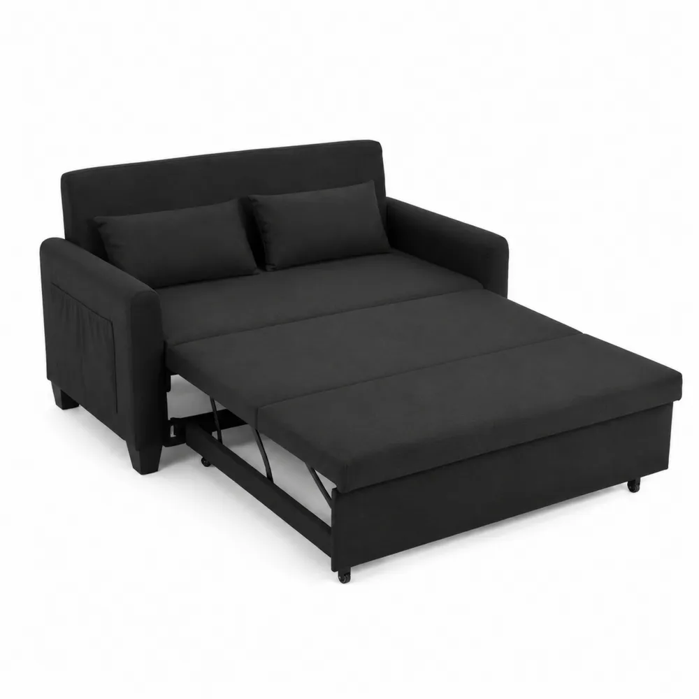 Sofá Cama Negro de Tela con Estructura de Madera