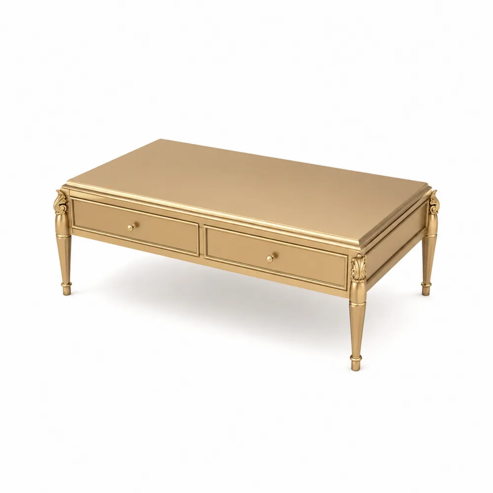 Mesa de centro de metal dorado con cajones