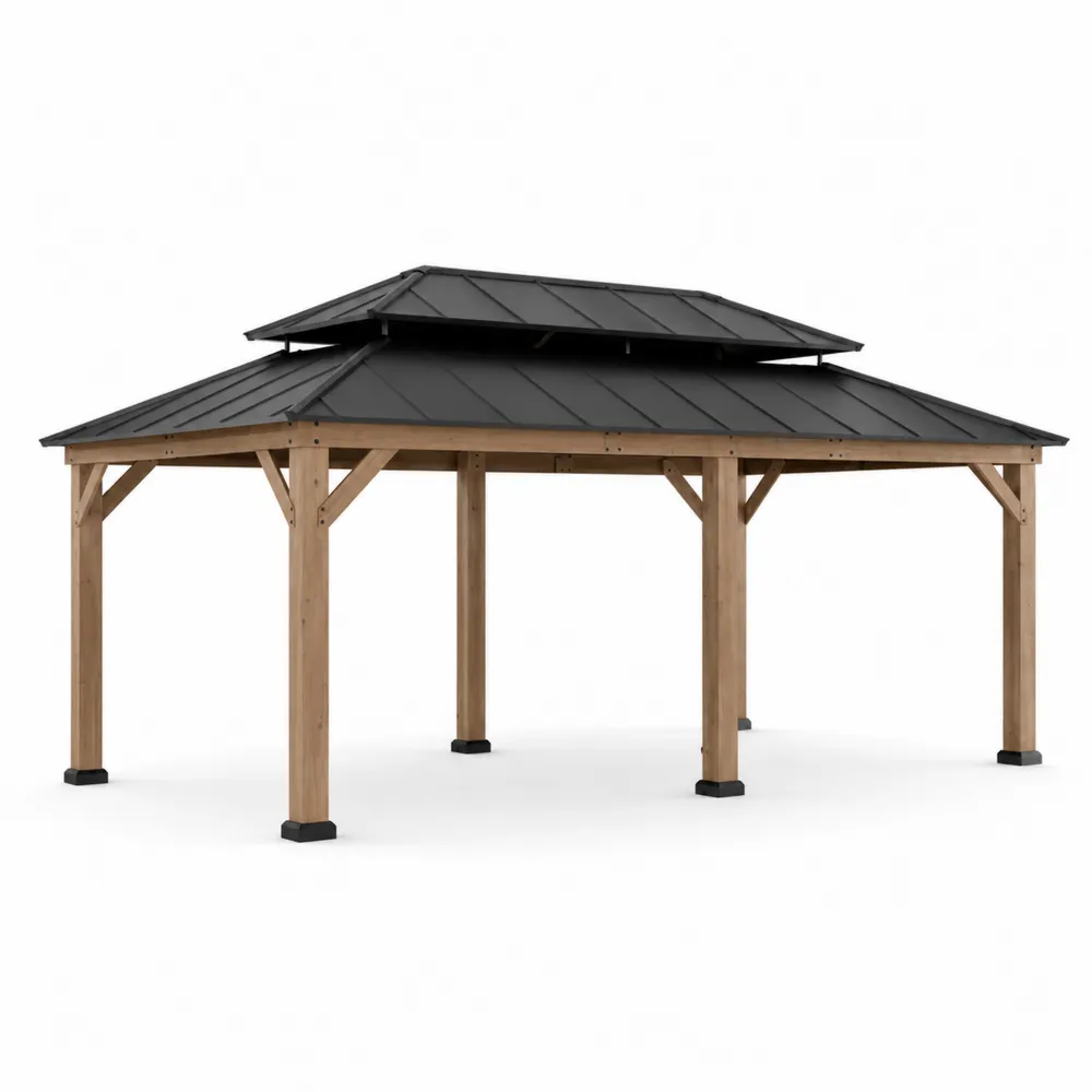 Pérgola de Madera y Acero Galvanizado con Techo Doble de 4x3m Negro