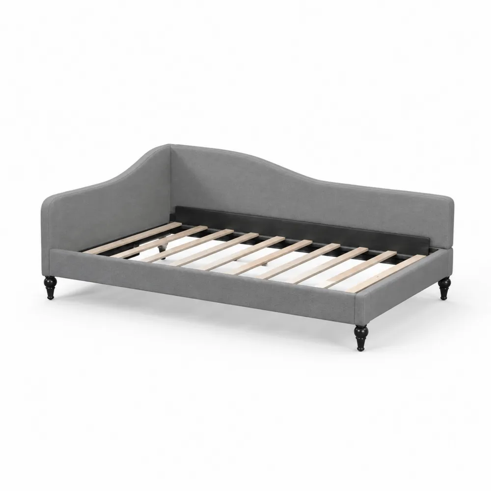 Sofá cama individual gris con estructura de madera y tapizado en poliéster