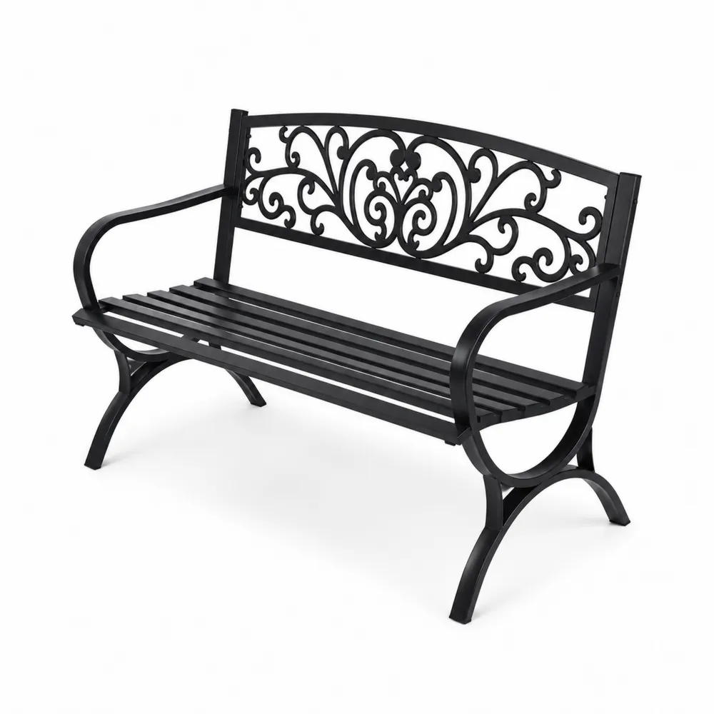 Banco de metal negro con respaldo decorativo 125x60x80 cm