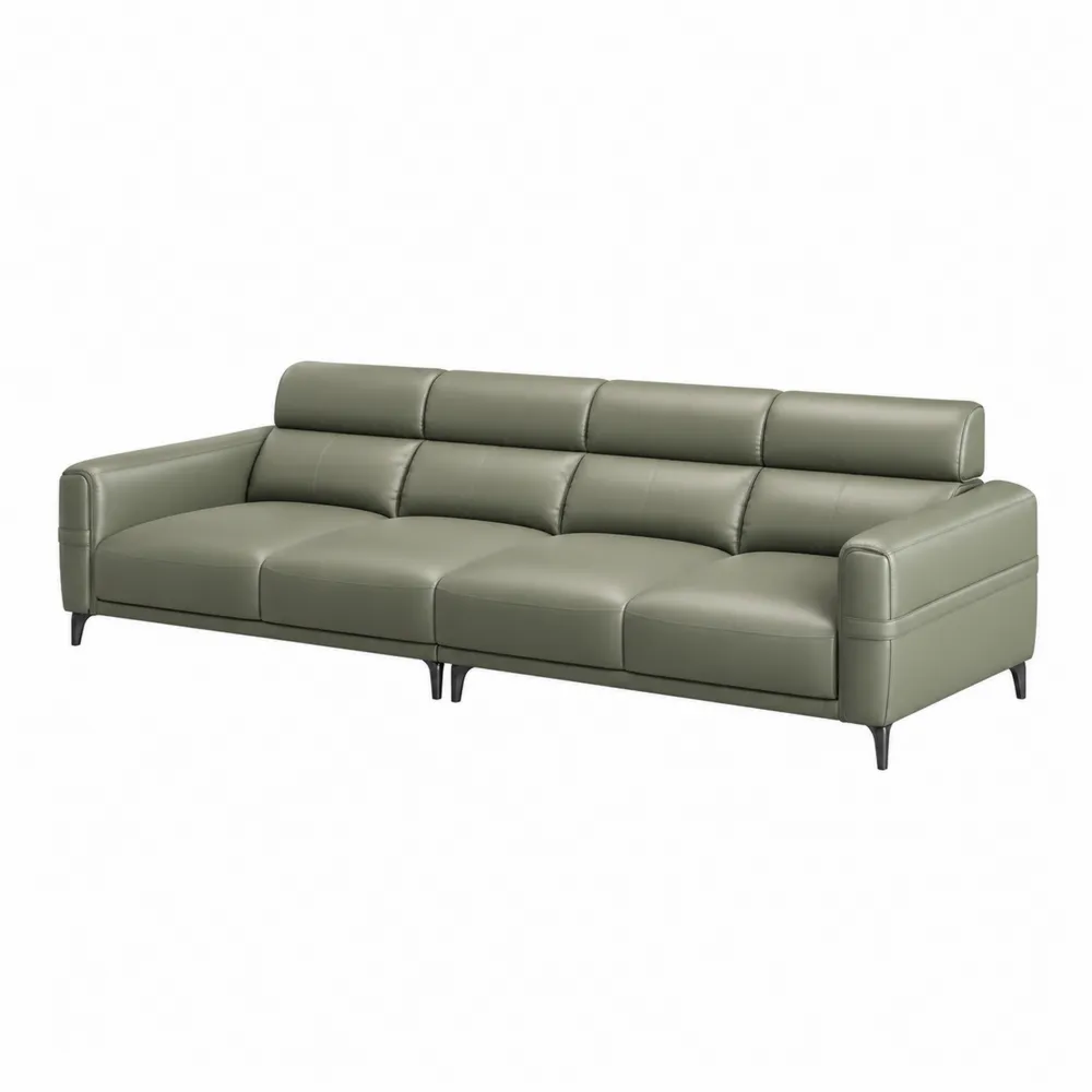 Sofá de cuero sintético verde con estructura de madera y metal