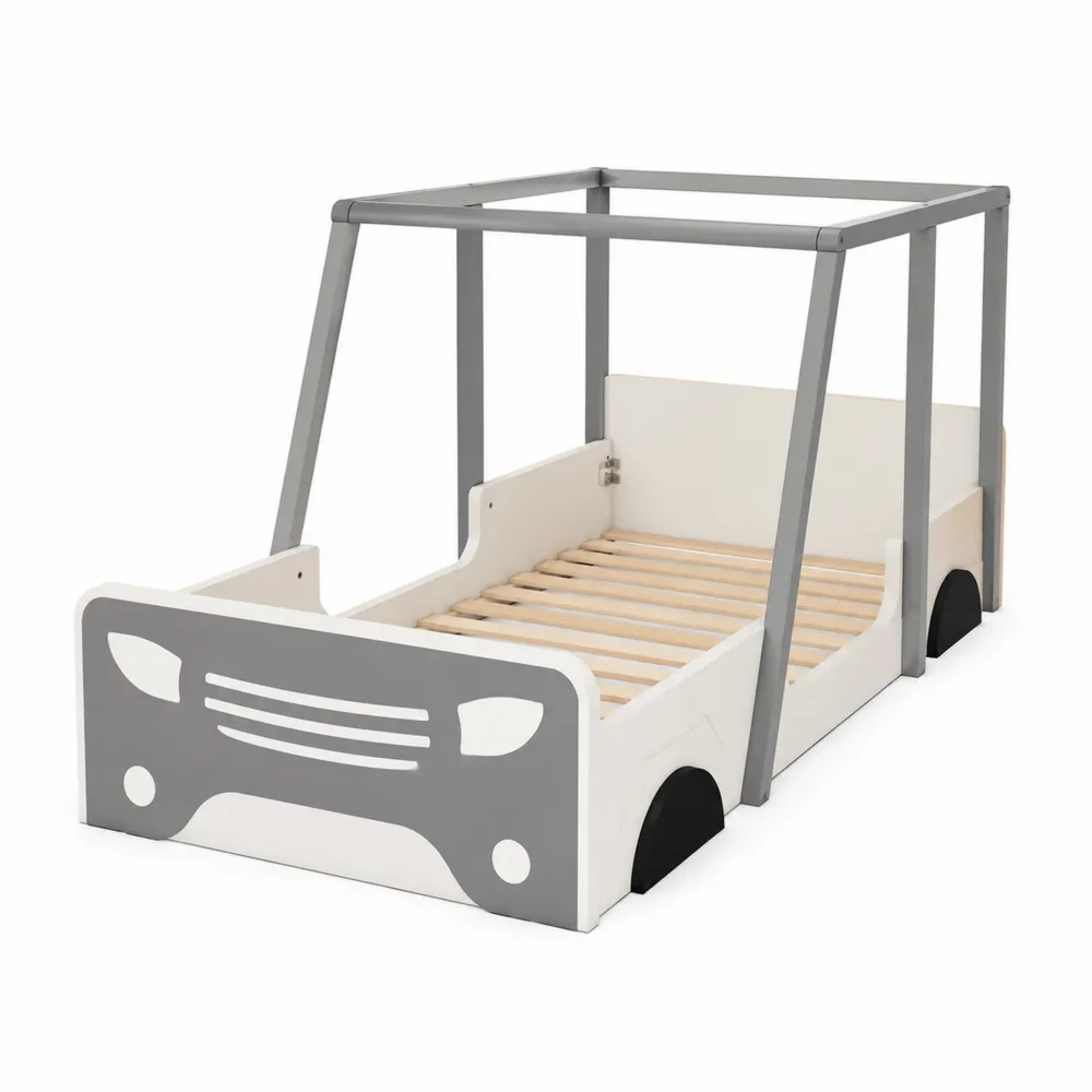 Cama infantil en forma de coche de MDF y madera de pino 200x90 cm blanco y gris