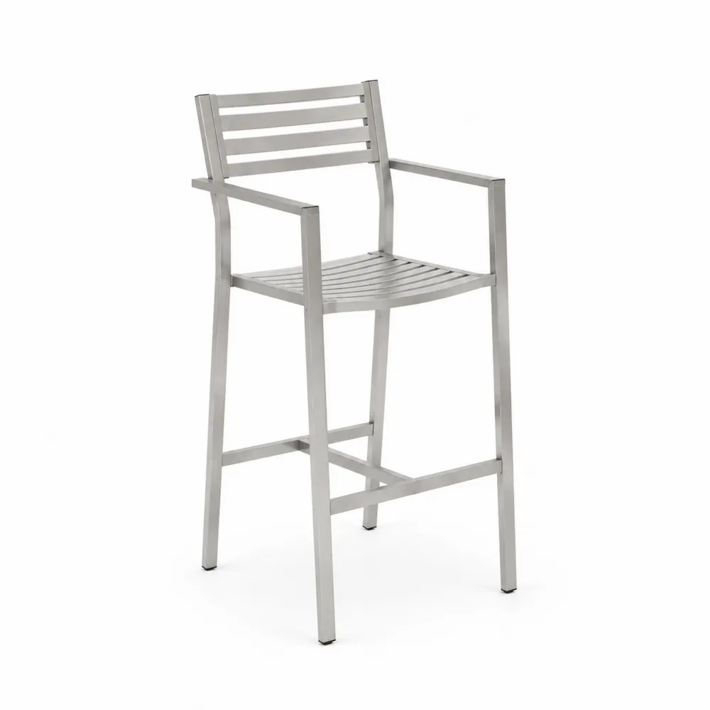 Taburete de acero inoxidable con respaldo y reposabrazos