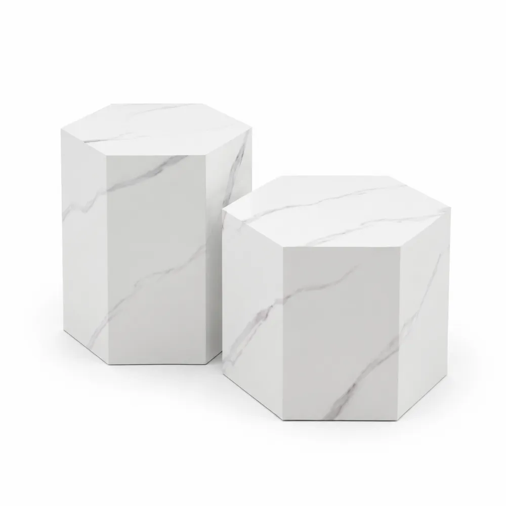 Juego de 2 Mesas Auxiliares Hexagonales de MDF con Imitación Mármol