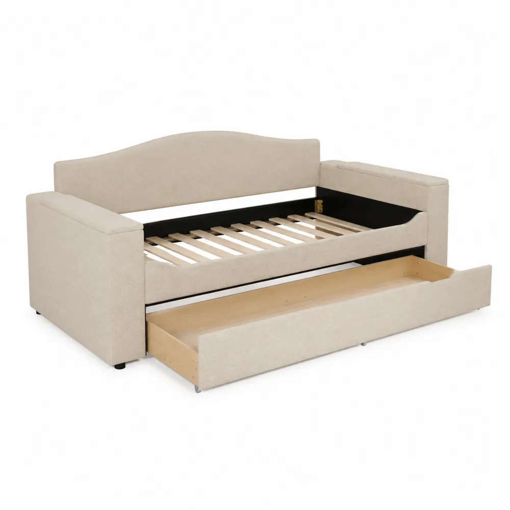 Sofá Cama de Madera Tapizada con Cajón Beige 190x90 cm
