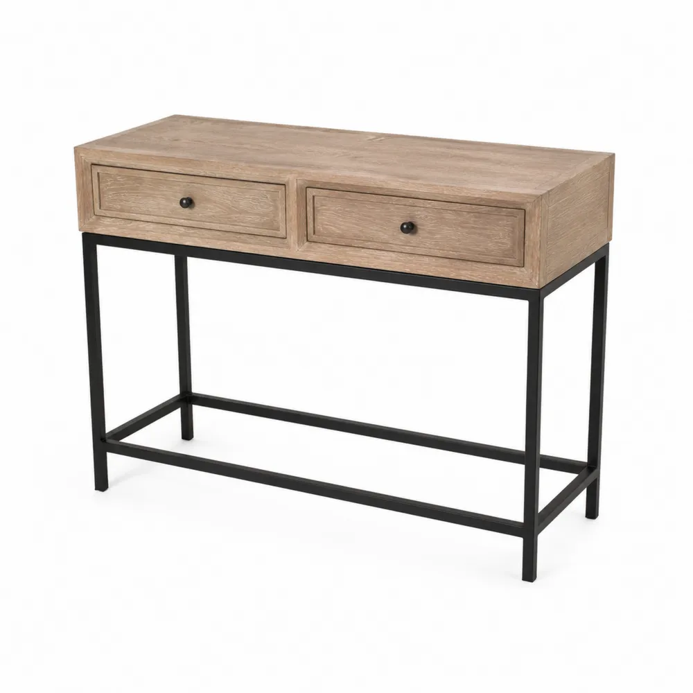 Mesa consola de madera de roble y metal con cajones
