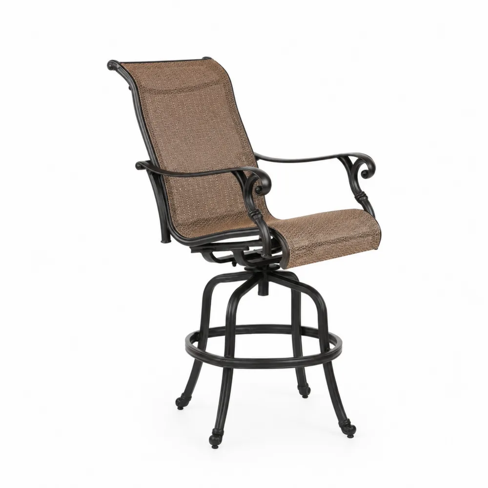 Silla de bar giratoria para patio con estructura de aluminio y asiento de tela marrón
