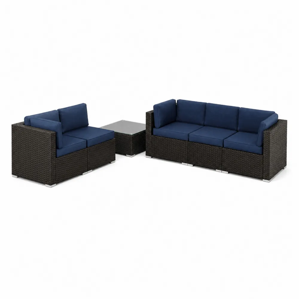 Conjunto Modular de Ratán Sintético con Cojines Azules y Mesa de Vidrio