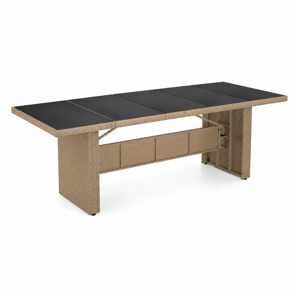 Mesa extensible de ratán y vidrio templado negro 200 cm