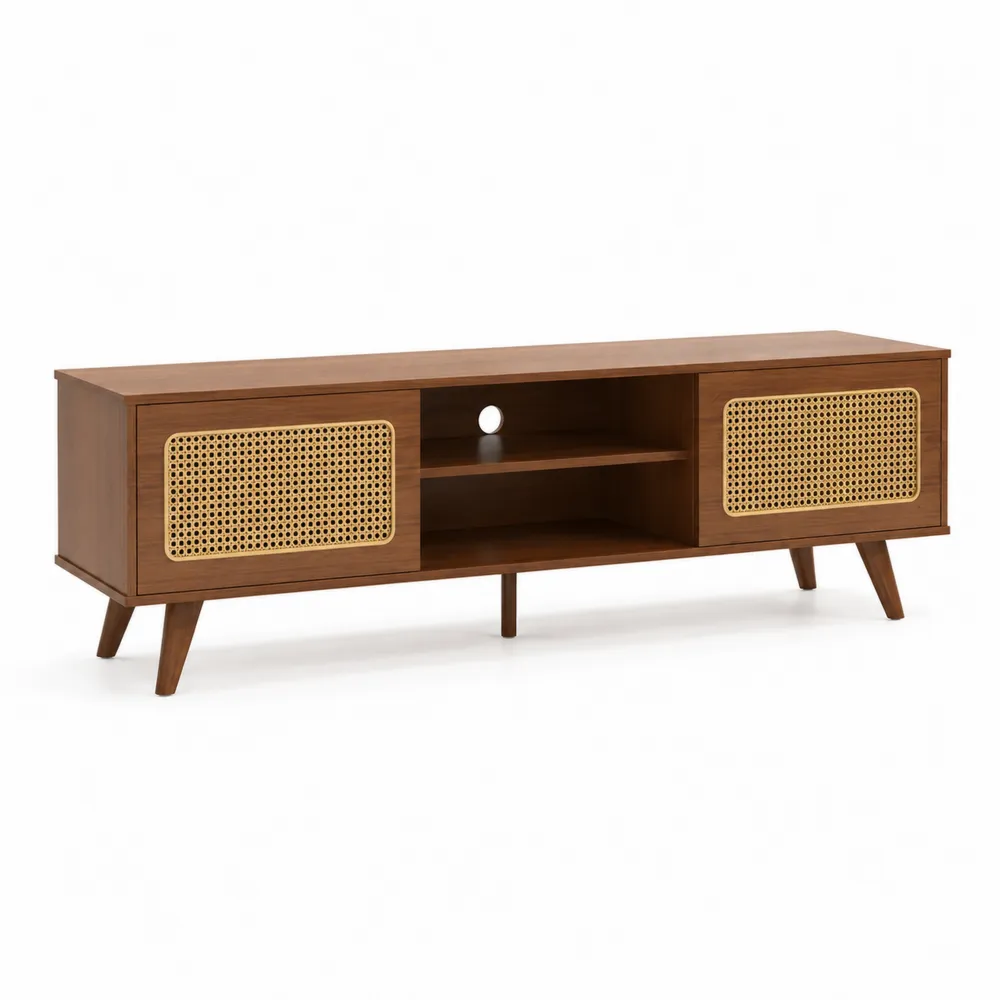 Mesa de TV de Madera Maciza y Ratán 180x40x50 cm