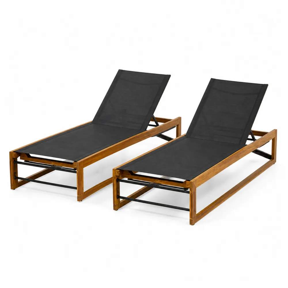 Conjunto de 2 tumbonas de madera y textilene negro para exterior