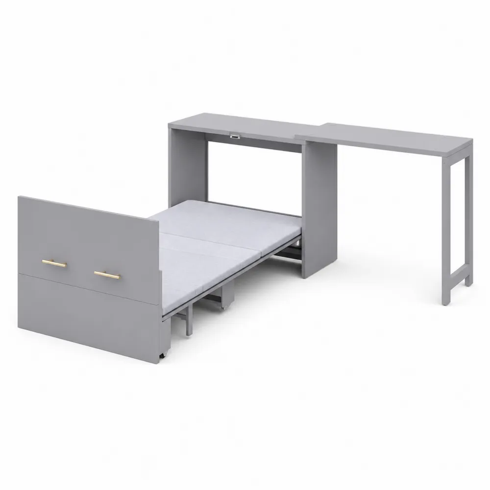 Cama abatible con escritorio integrado gris 200x90 cm madera y metal