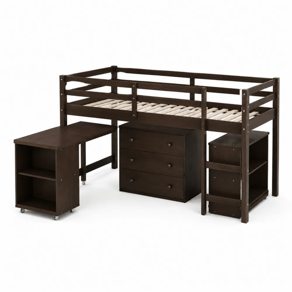 Cama alta de madera con escritorio extraíble y cajonera, Marrón Oscuro