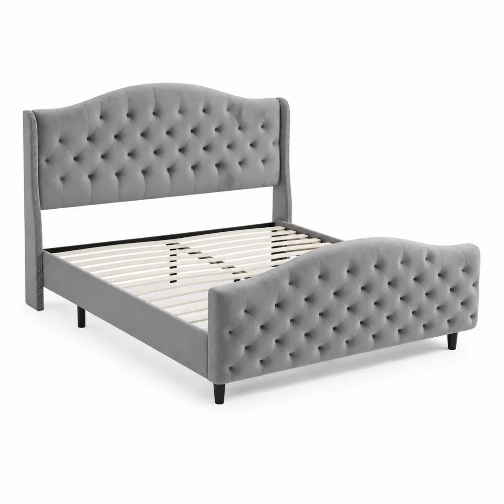 Cama doble de tela gris con cabecero capitoné 150x200 cm