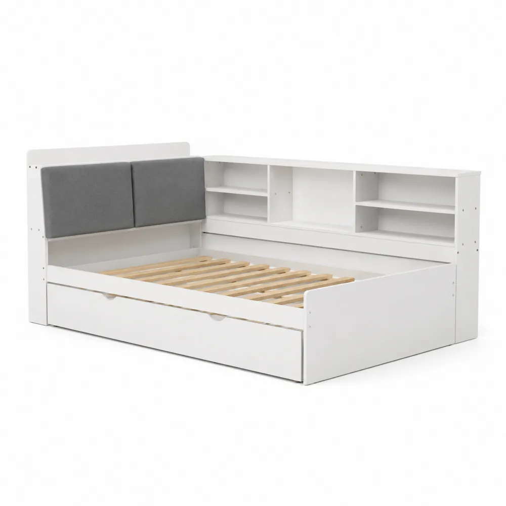 Cama individual de madera con almacenamiento y cojines grises