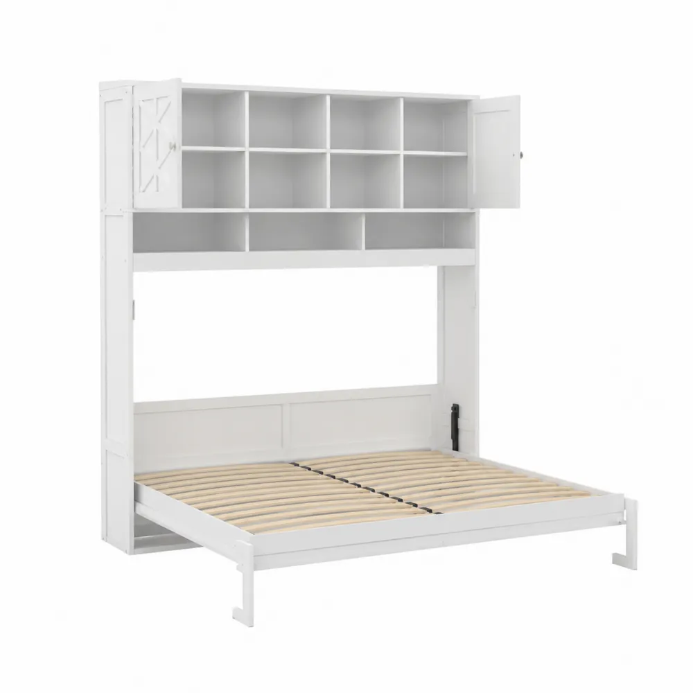 Cama abatible con estantería integrada de madera y acero blanca 200x150 cm