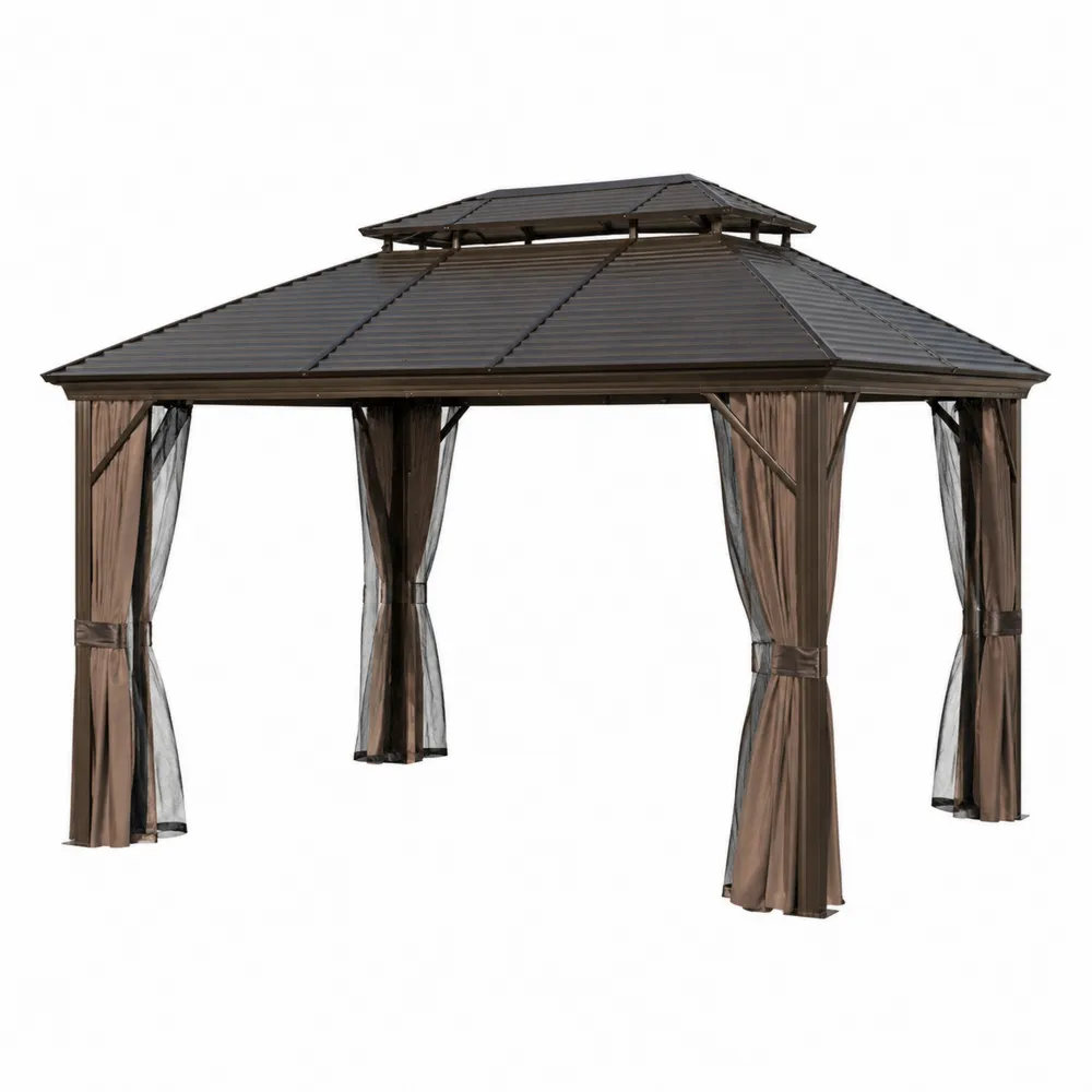 Pérgola de Aluminio con Techo de Policarbonato y Cortinas de Poliéster Marrón 3x4m