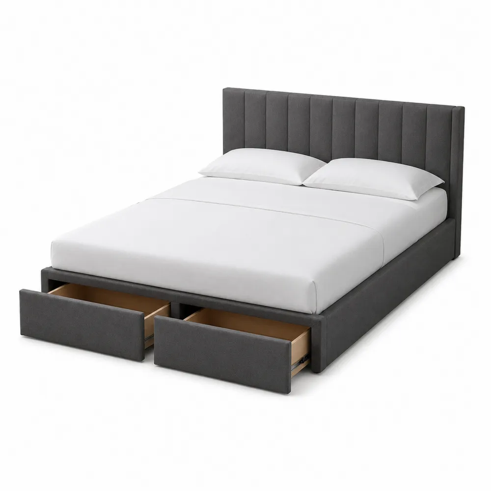 Cama doble de madera con almacenamiento tapizada en poliéster Gris 200x150 cm
