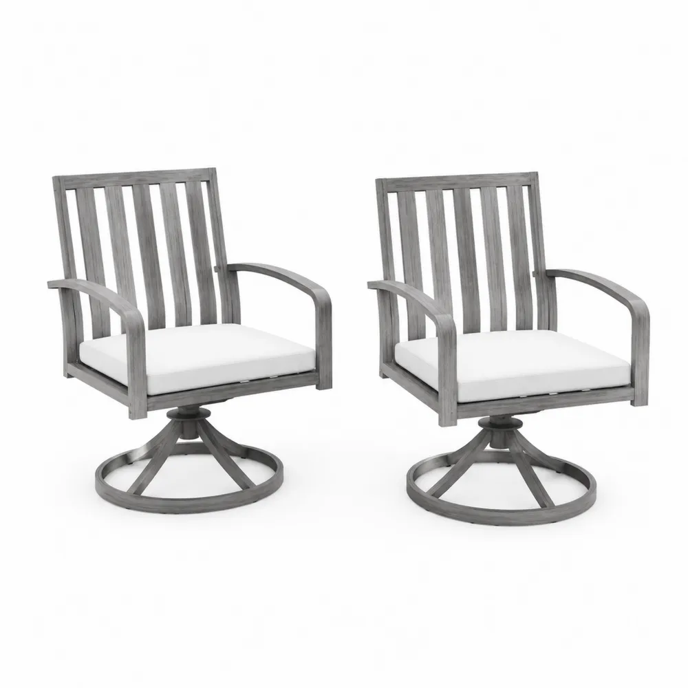 Juego de 2 sillas de madera de acacia giratorias color gris con cojín blanco