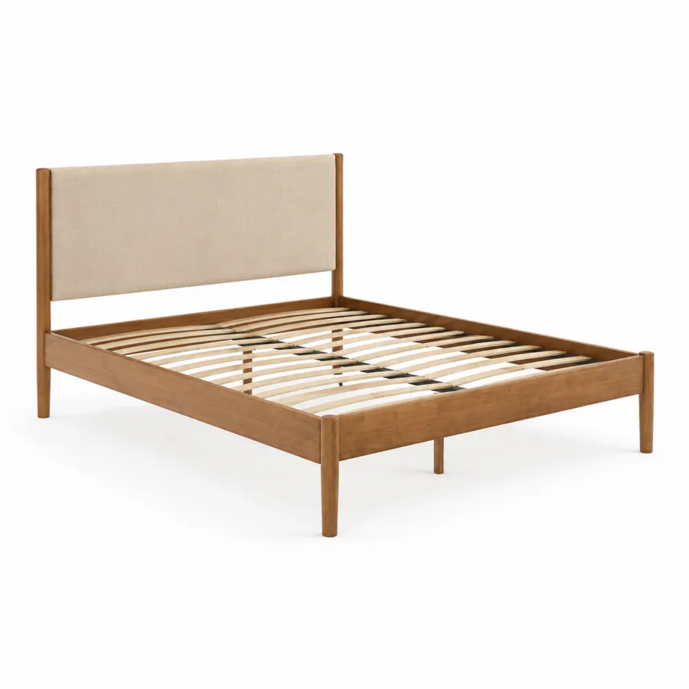 Cama de Madera con Cabecero Tapizado Beige