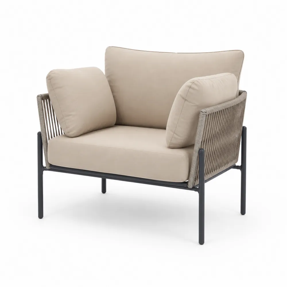 Sillón de aluminio y cuerda sintética beige para exterior
