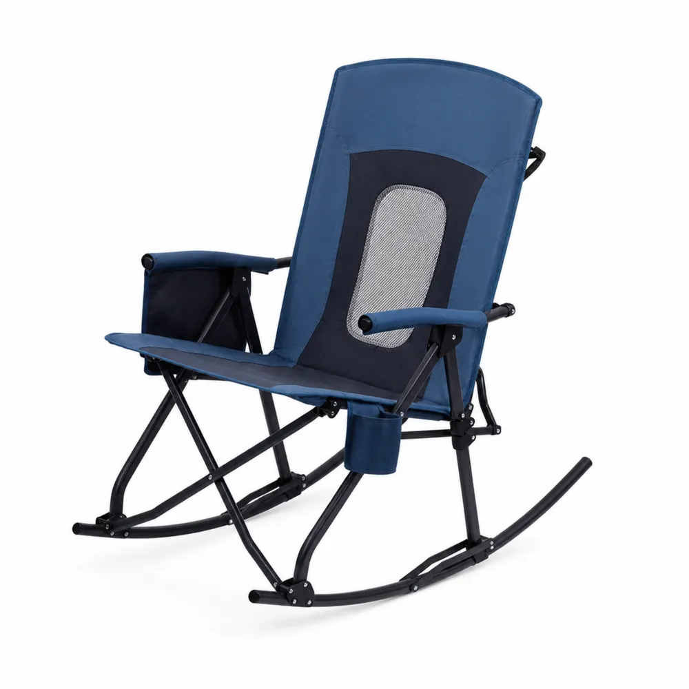 Silla mecedora plegable de metal y poliéster azul con portavasos