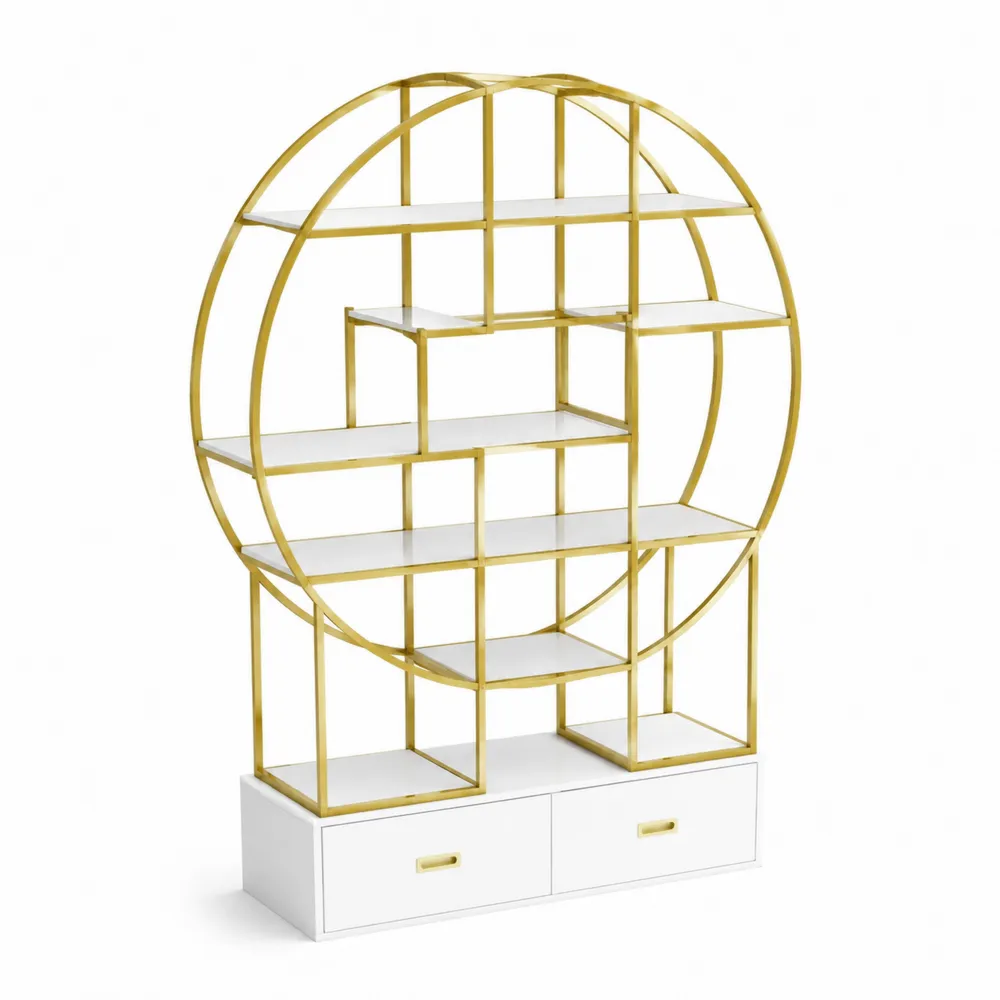 Estantería circular de metal y MDF con cajones blancos