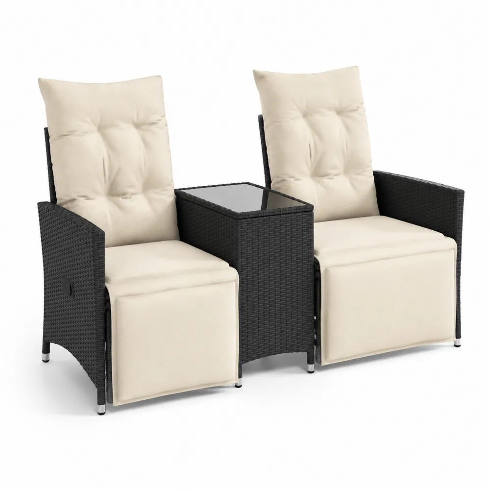 Conjunto de Sillones de Ratán con Mesa de Vidrio Templado y Cojines Crema