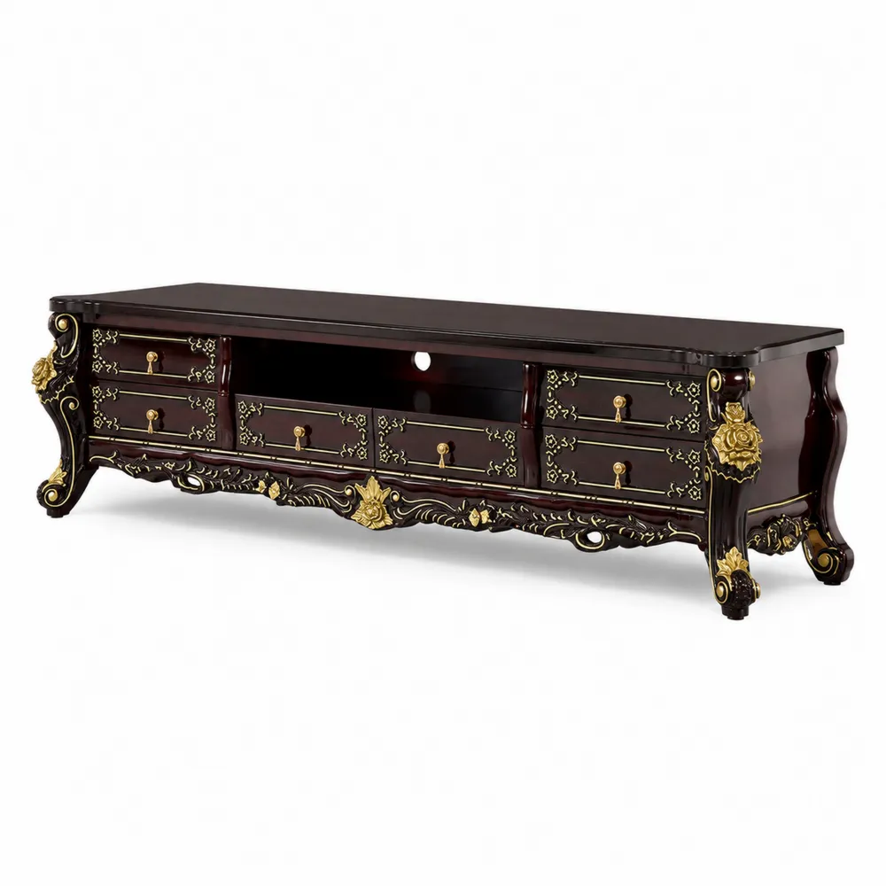 Mueble de TV de madera con detalles dorados y cajones