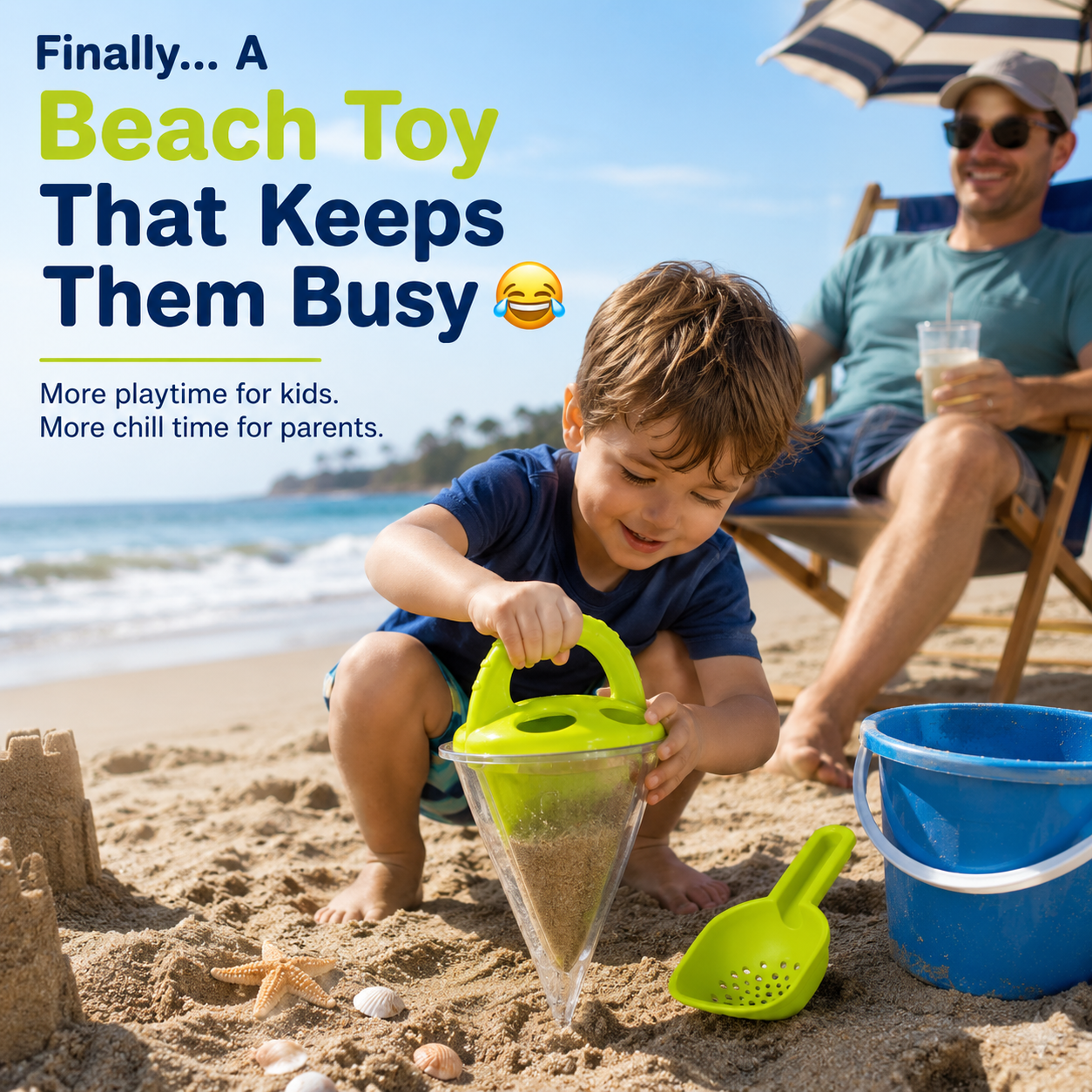 Parents finally get a break while kids play with beach funnel toy