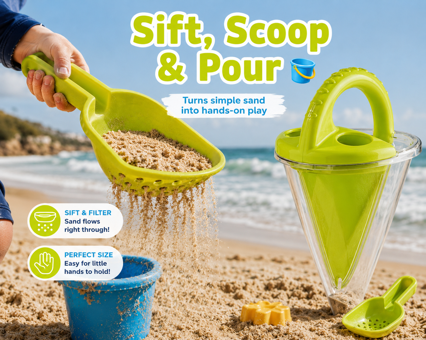 Sifting shovel detail turns simple sand into hands-on play
